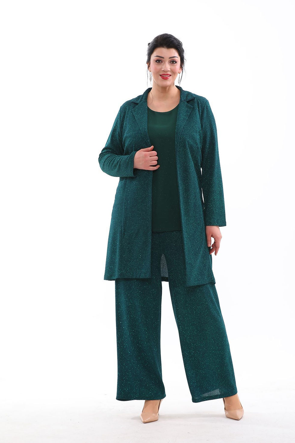 Küçük resim: ABİYE SİMLİ ESNEK KUMAŞ ÜÇLÜ ABİYE CEKET BLUZ PANTOLON TAKIM 3081 - YEŞİL