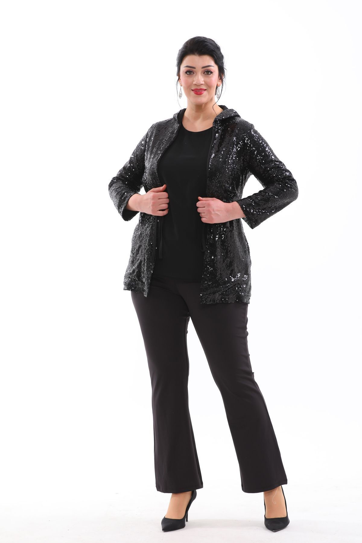 ABİYE SİYAH ARLAK PAYET LASTİKLİ KAPŞONLU ASTARLI CEKET  BÜYÜK BEDEN CEKET 3110