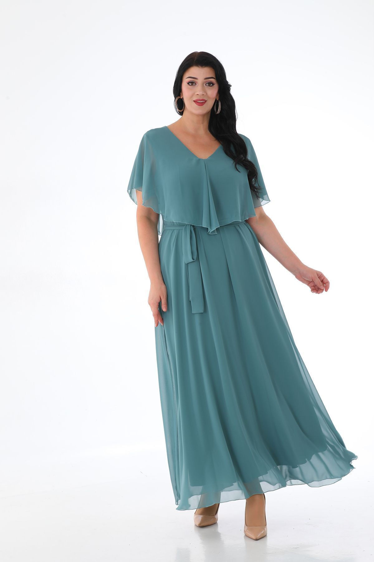 Işıltı Şifon V Yaka Pelerinli Büyük Beden Şık Abiye Elbiese 3065 - MAVİ