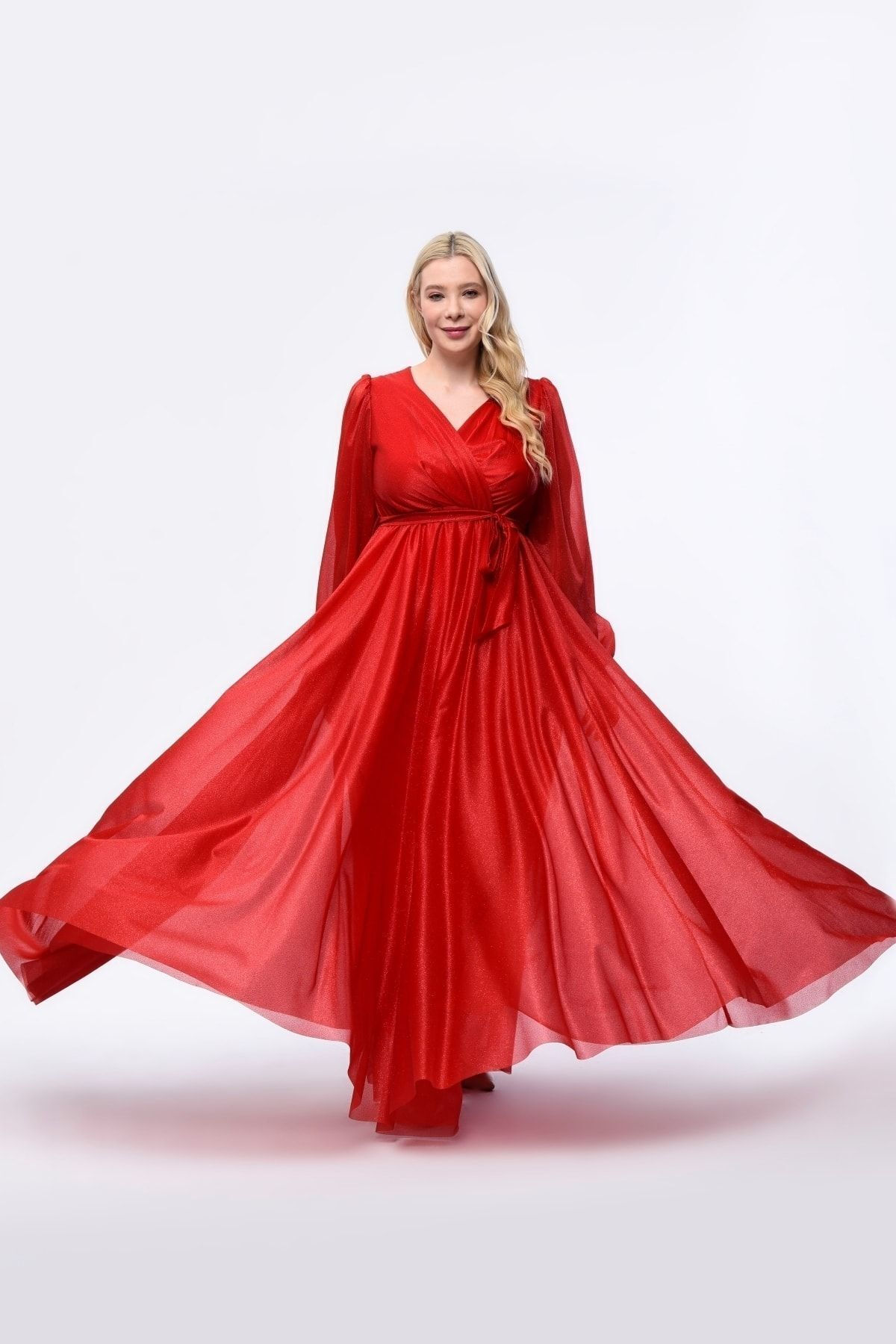 Işıltı Simli Tül Kruvaze Yaka Kuşaklı Esnek Büyük Beden Uzun Abiye Elbise 3047