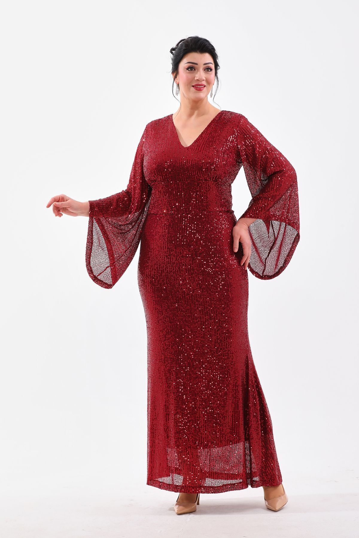 Şık Modern Tasarım Payet Balık Model Uzun Ve Esnek Abiye Elbise 3100 - BORDO