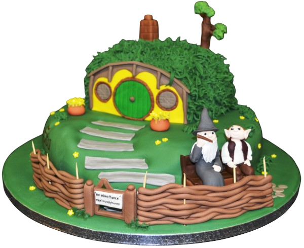 A whimsical Lord of the Rings Hobbit House Duo cake, perfect for fantasy fans and special occasions in UK. Handcrafted cake featuring intricate design.