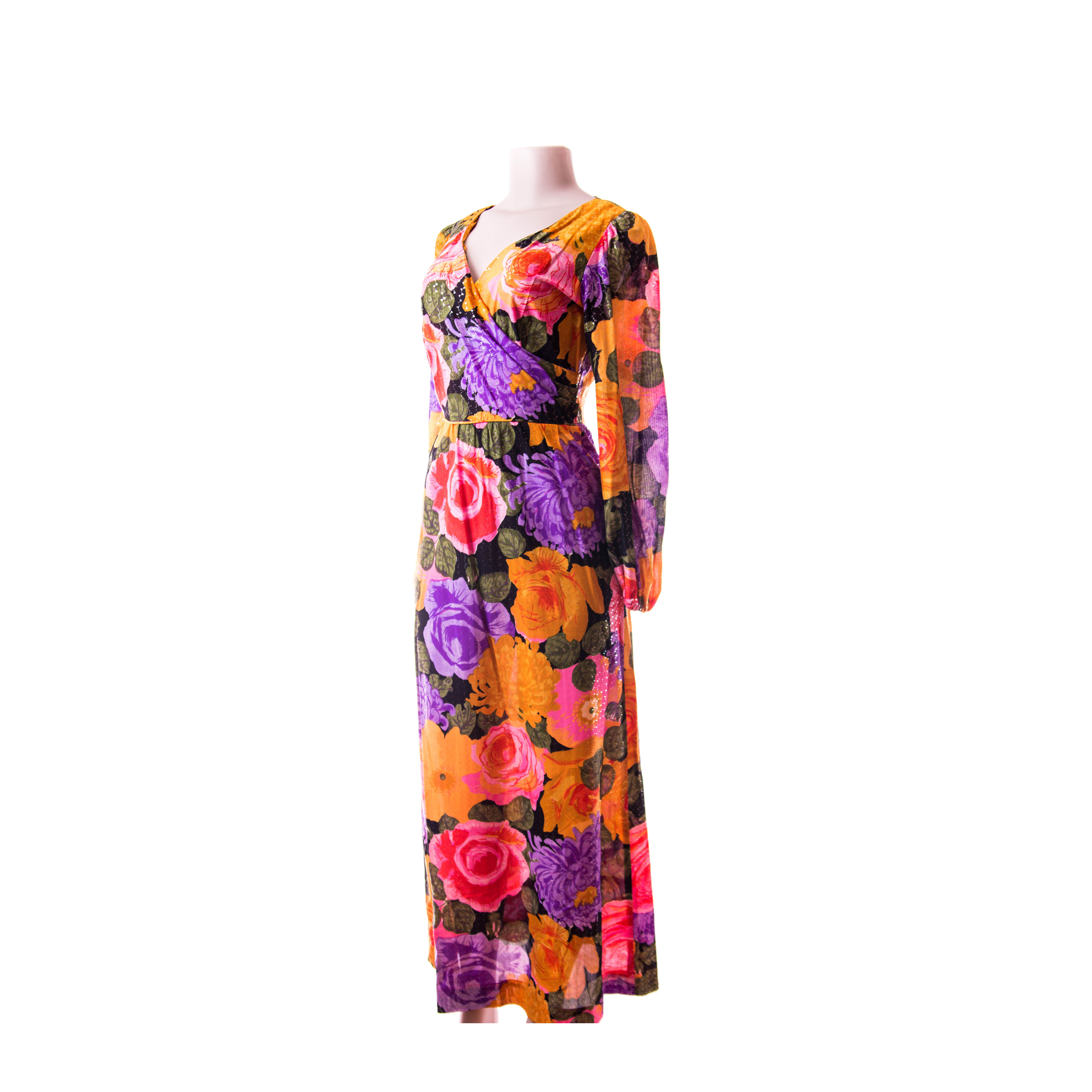 70's Floral Goddess Rose Gown with Long Sleeves- Alice of California maxi Dress