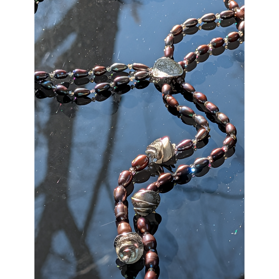 Thumbnail: Peacock Pearl Lariat Necklace with Silver Clasp