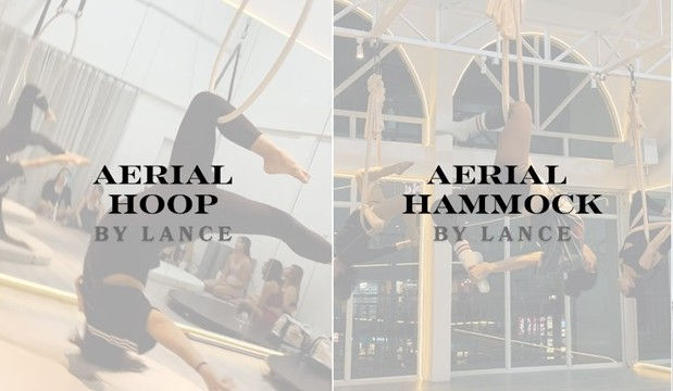 Split image of aerial performers on hoop and hammock, with text AERIAL HOOP BY LANCE and AERIAL HAMMOCK BY LANCE over a bright studio called Beast House East in Antipolo City