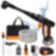 Studio product photography of a portable cordless pressure washer kit with accessories against a white background. The image features the main pressure gun with a stylized water splash effect, accompanied by a hose, nozzle attachments, a carrying bag, battery, and charger.