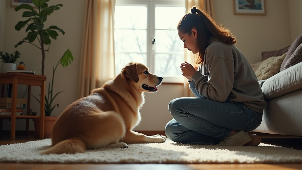 Eye-level view of a dog trainer working with a dog in a quiet living room