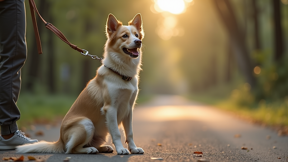 Eye-level view of a dog sitting calmly on a leash during training