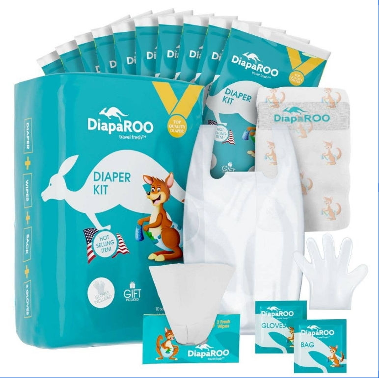 Thumbnail: DiapaROO Diaper Changing Travel Kit with diapers, wipes, gloves, and disposal bag.