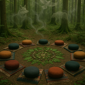 Sitzkreis mit Sitzkissen und kleinen Decken. In der Mitte ist ein Mandala aus Naturmaterial. Schemenhafte Krafttiere im Rauch