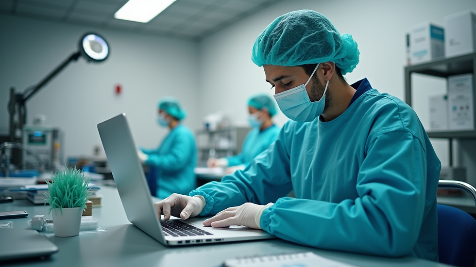 High angle view of a sterile processing technician studying with a laptop