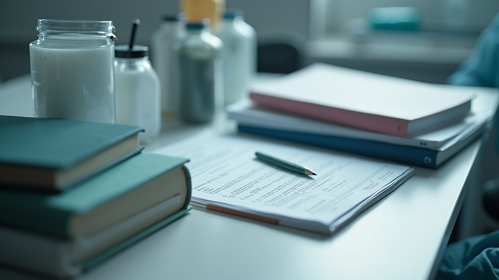 High angle view of sterile processing training materials and textbooks on a desk