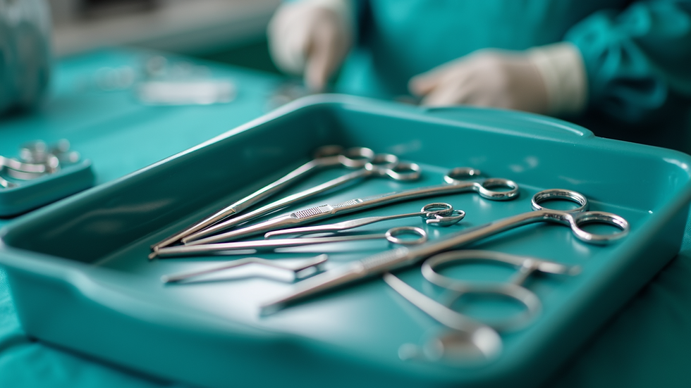 Eye-level view of sterile surgical instruments neatly arranged on a tray