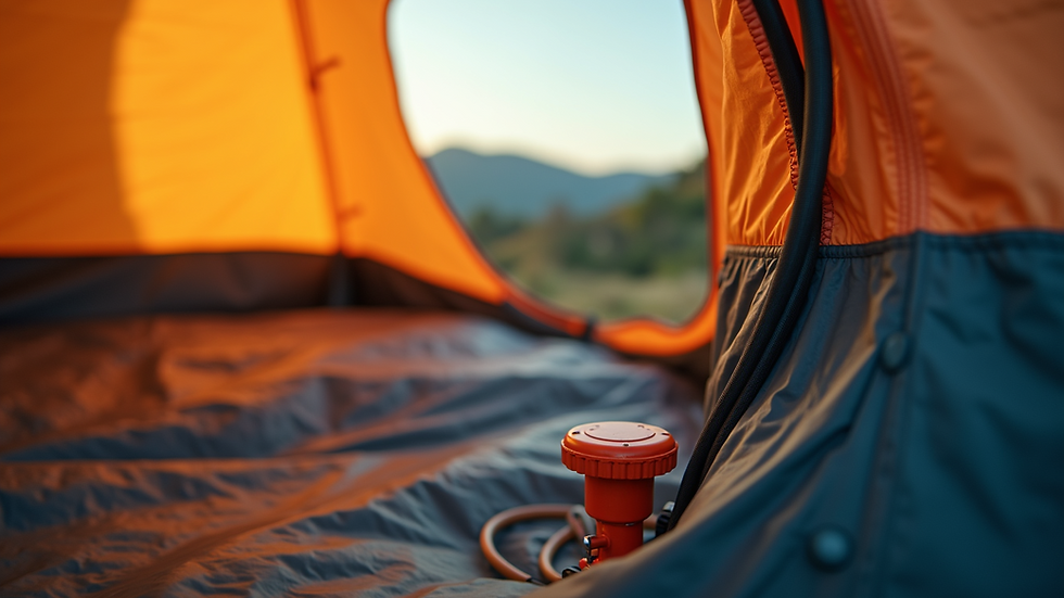 Close-up view of an inflatable tent's air pump and setup mechanism