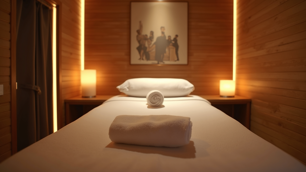 Eye-level view of a massage table set up in a cozy cabin room