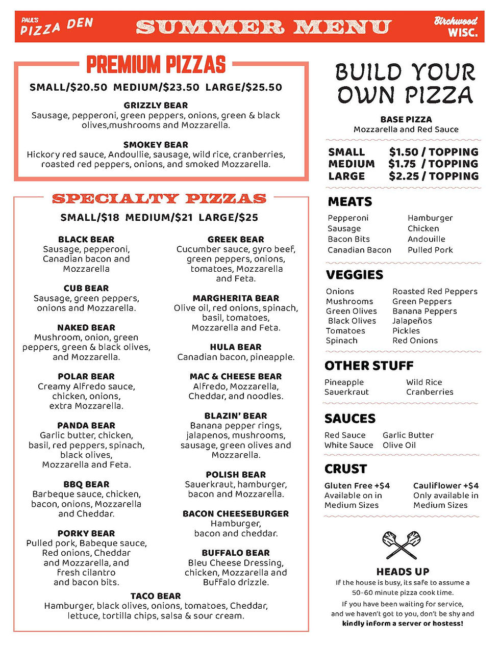 menu Paul's Pizza Den