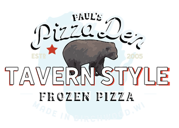Paul’s Pizza Den company logo – Birchwood WI frozen pizza brand offering tavern-style take-and-bake pizzas made with house dough, signature sauce, and local Burnett Dairy cheese