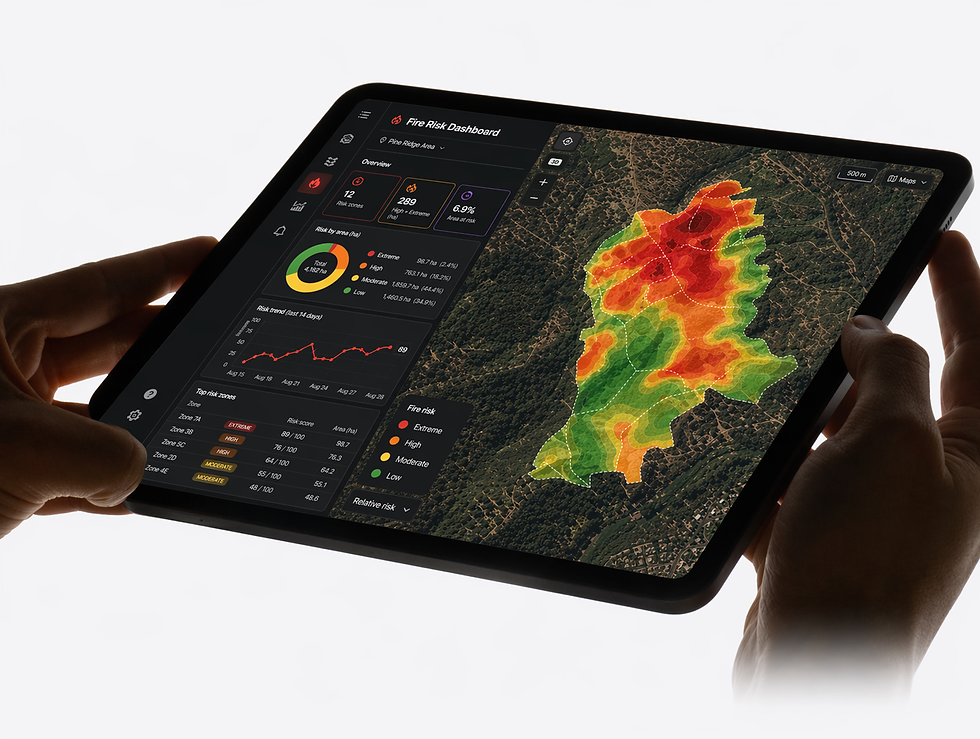 A detailed fire risk map displayed on iPad screen