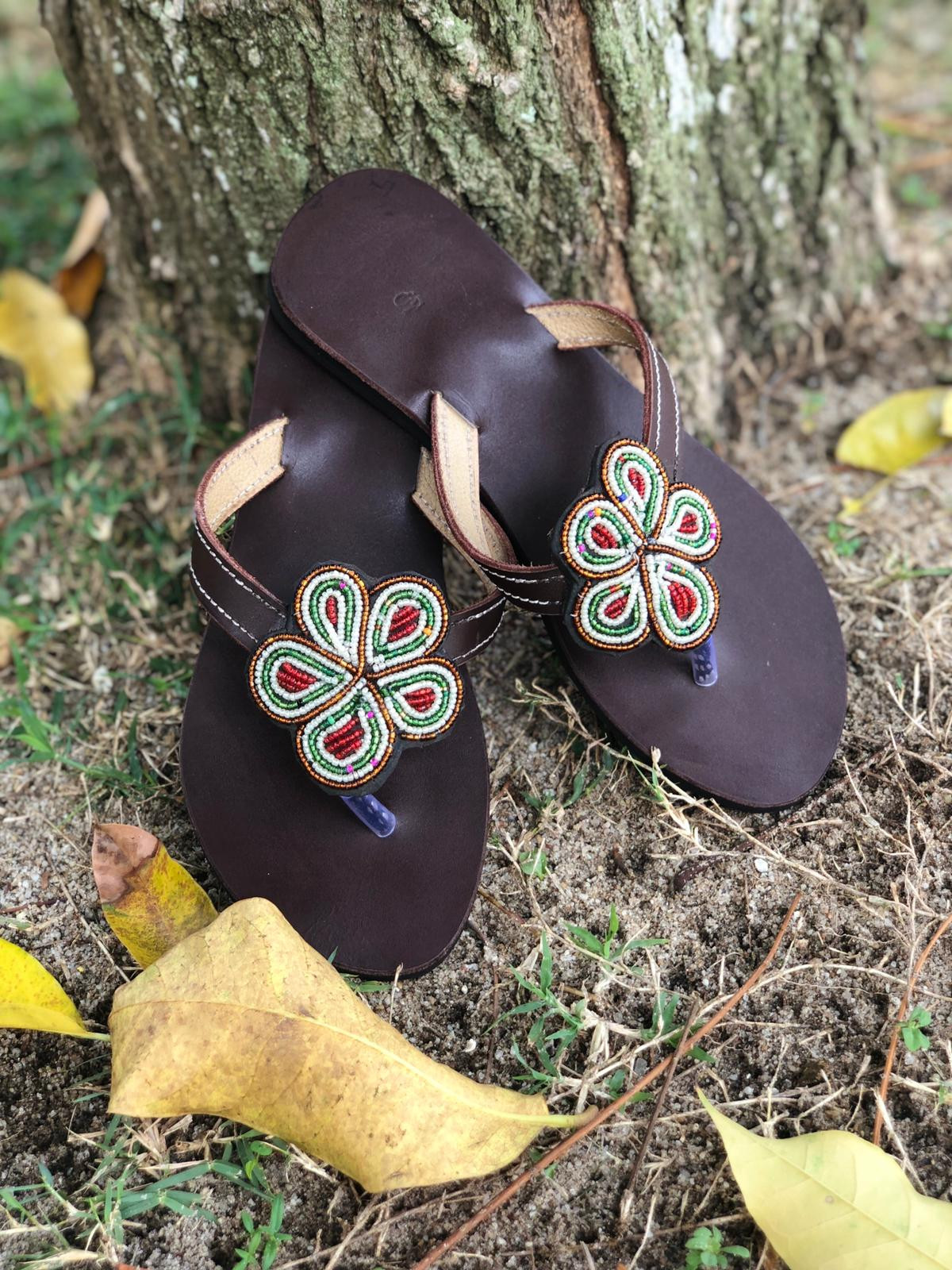 Green and red flower beaded sandals