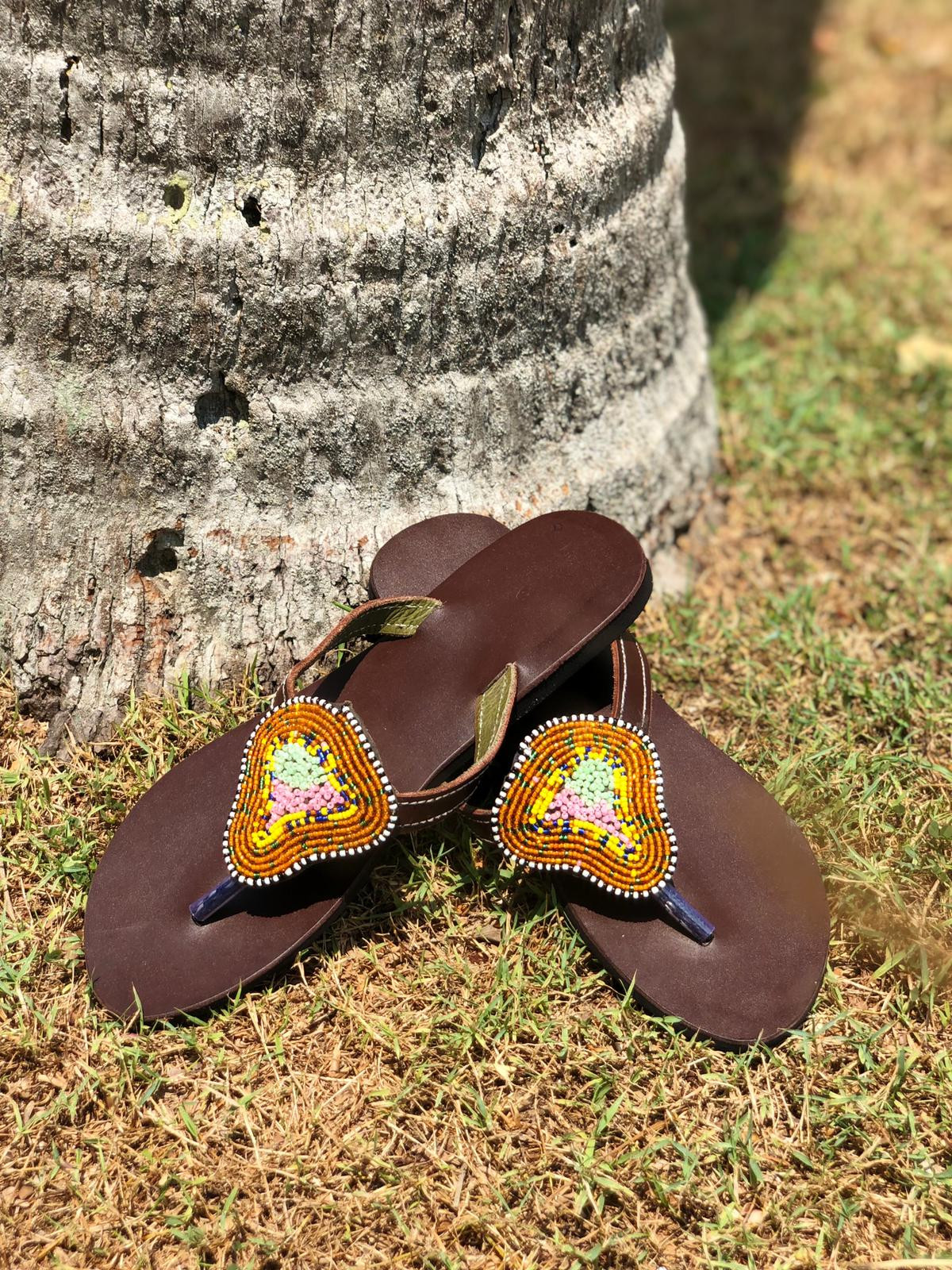 Brown, pink and blue beaded sandal
