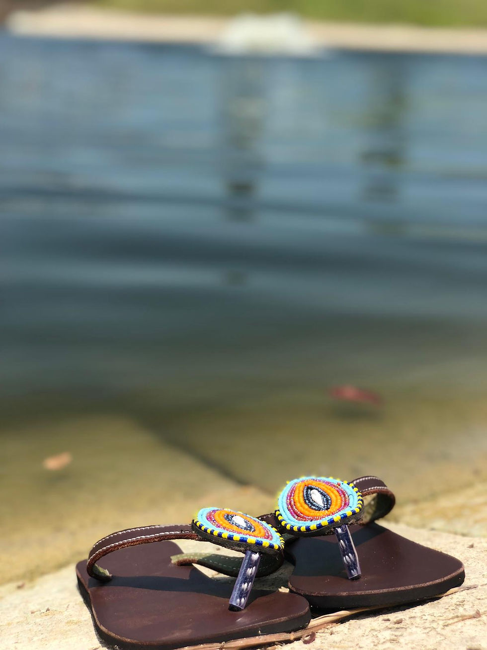 Thumbnail: Brown leather, blue and orange sandals