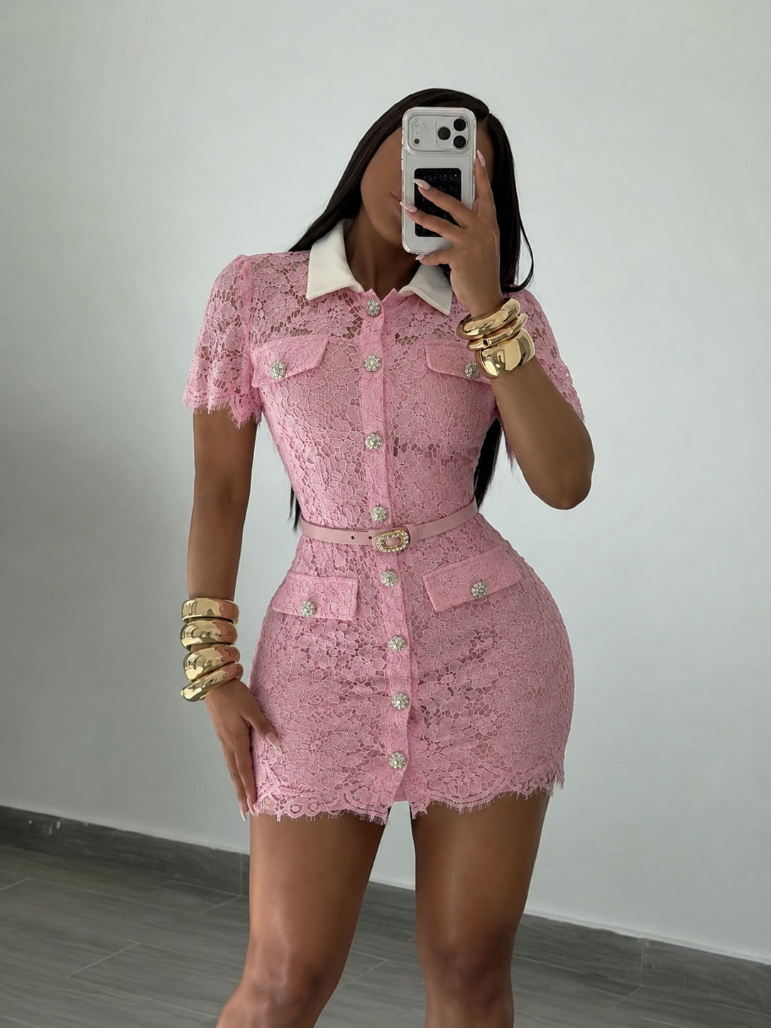 Pink lace mini dress