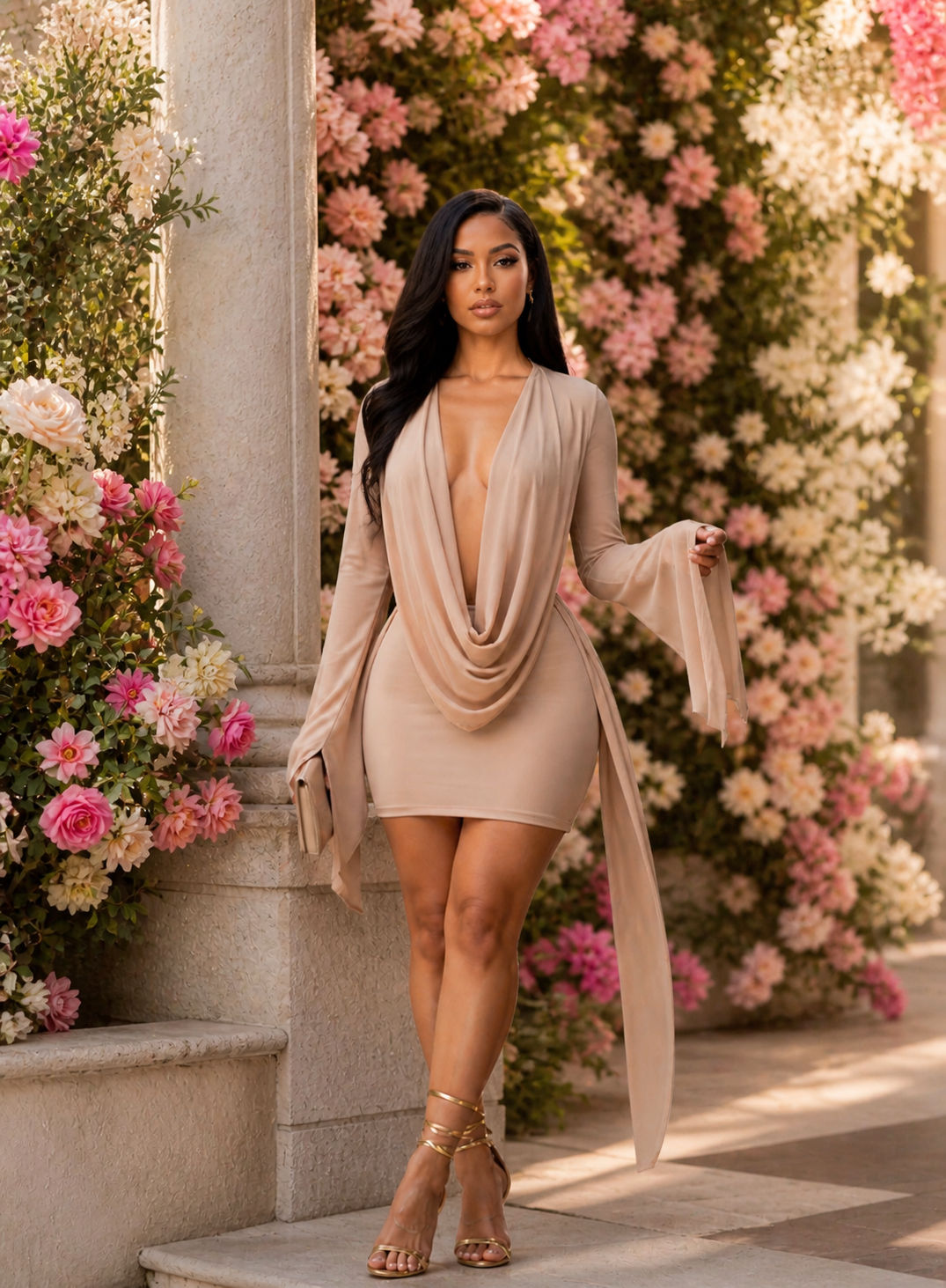 Soft blush draped mini dress, beige ✨Tap the dress to select your size