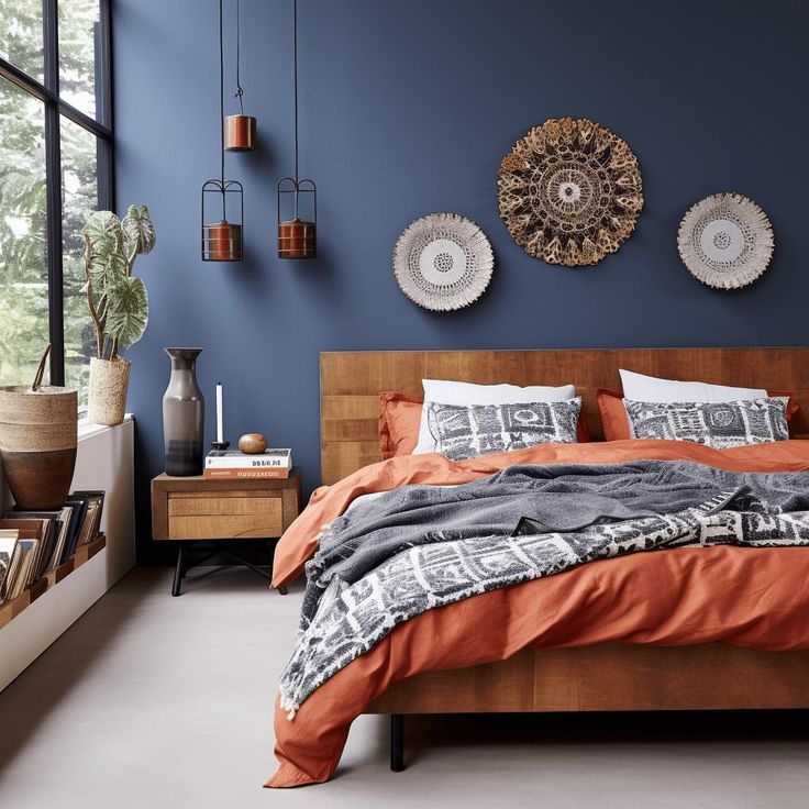 AI Generate Terracotta & Blue Bedroom | DIONE Interiors | Vacation Rental Design & Decor | Afrofusion Interiors