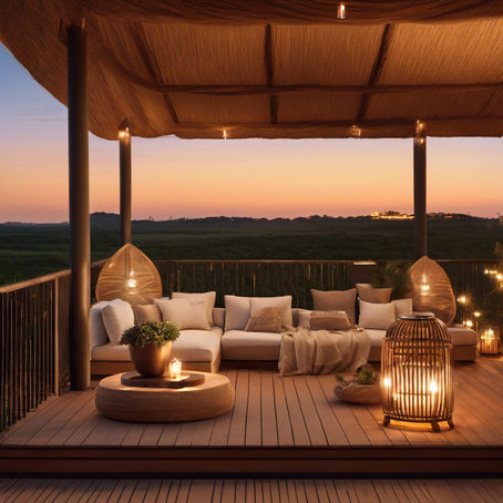 Outdoor patio at sunset with cozy seating, pillows, and glowing lanterns. A warm, peaceful ambiance with soft, earthy colors.