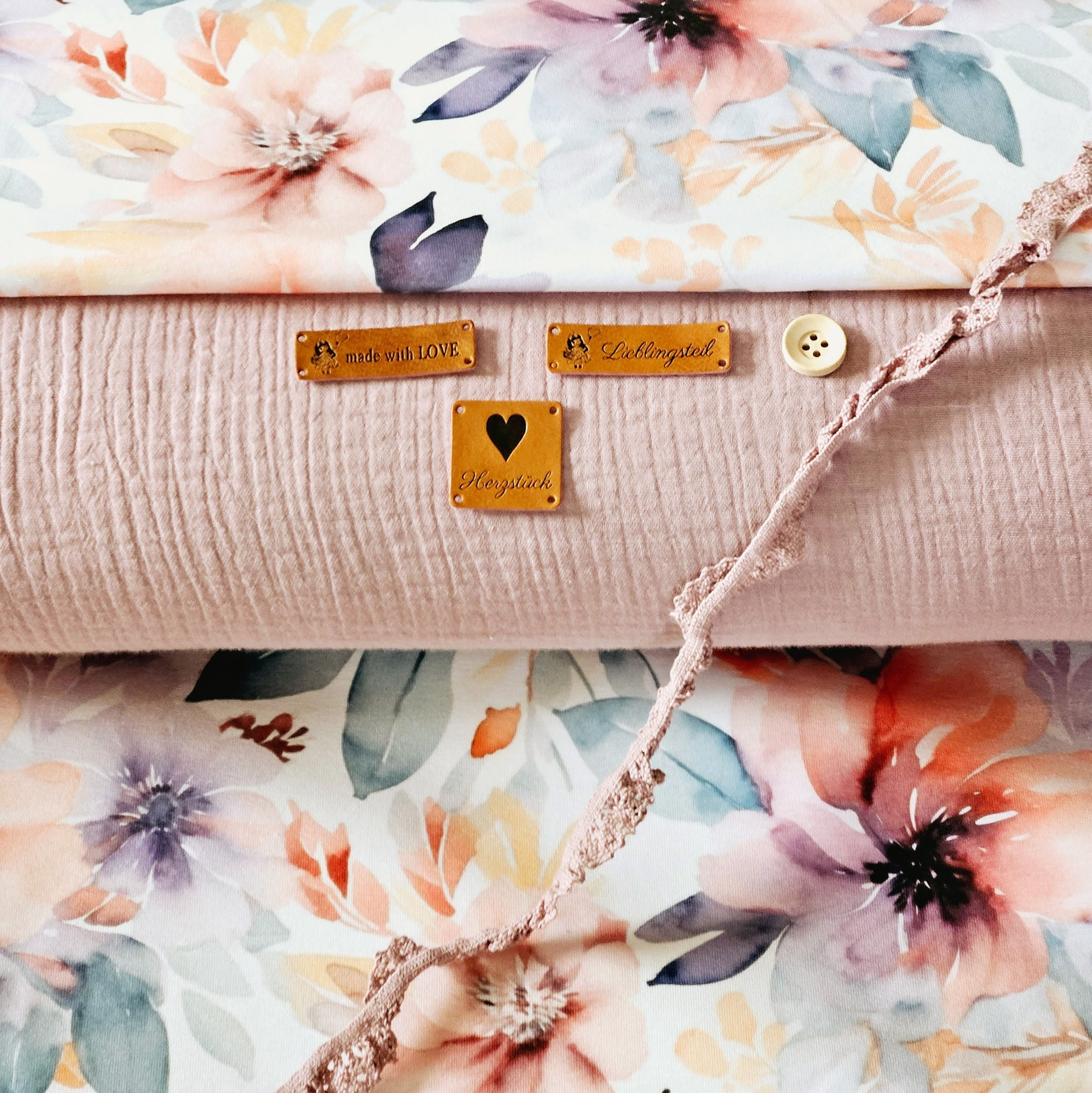 Jersey/Musselin große Blumen altrosa DIY Stoffpaket mit Zubehör