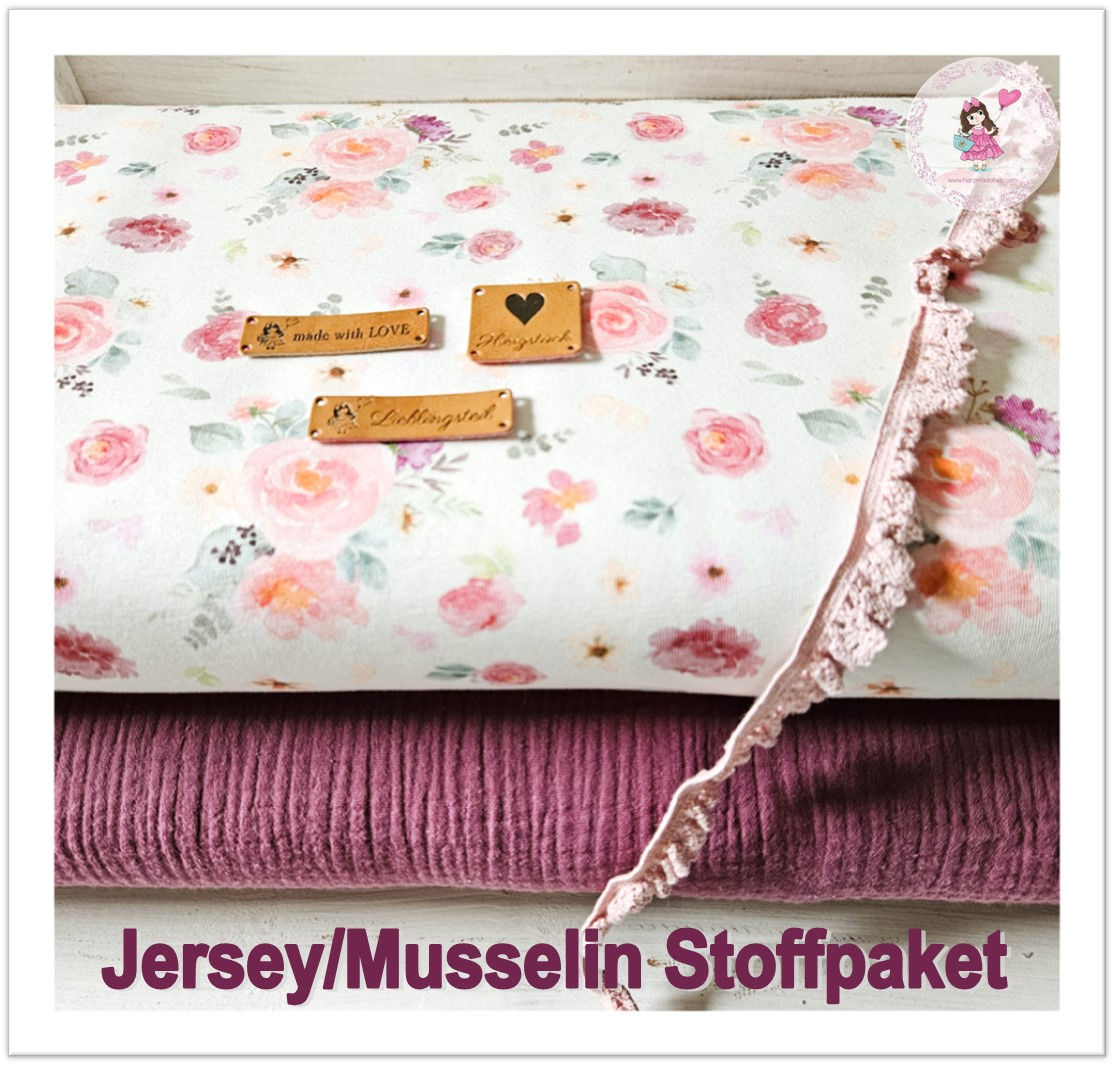 Jersey/Musselin Blumen creme/beere DIY Stoffpaket mit Zubehör