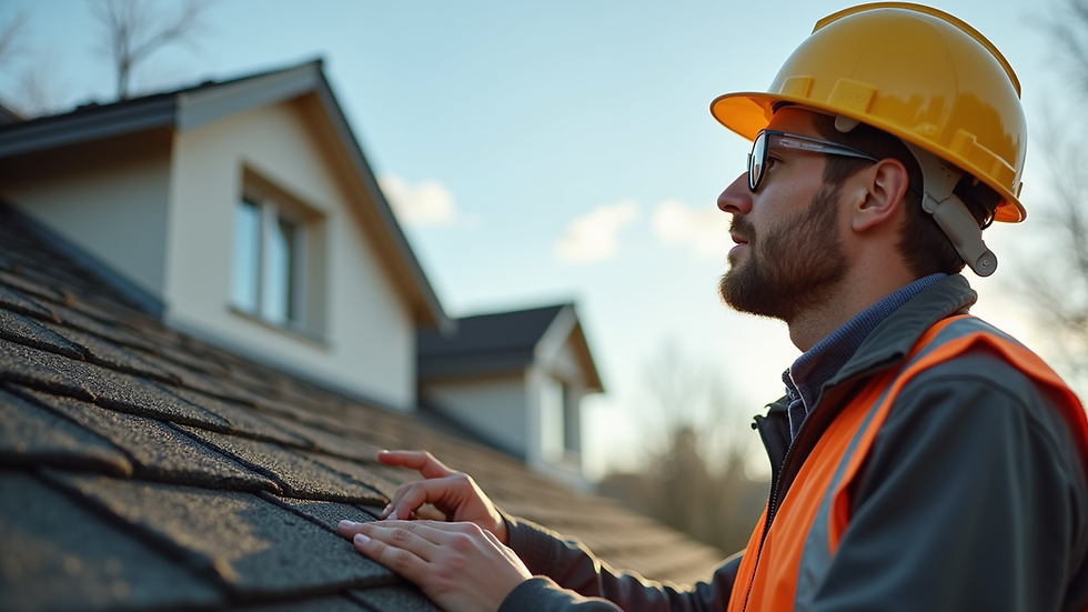 Eye-level view of a home inspector examining a roof