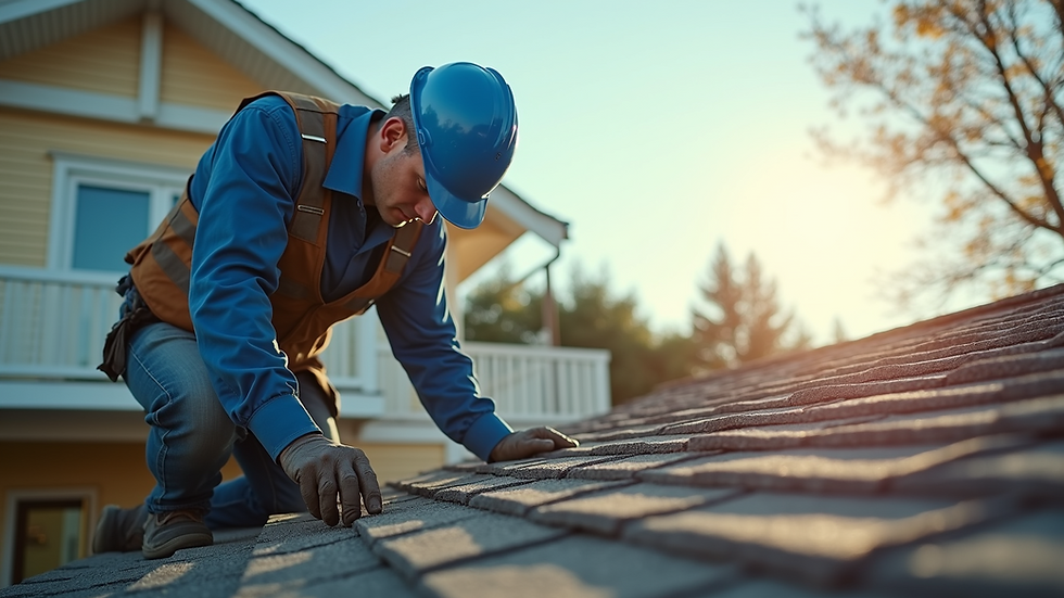 Eye-level view of a home inspector examining a roof