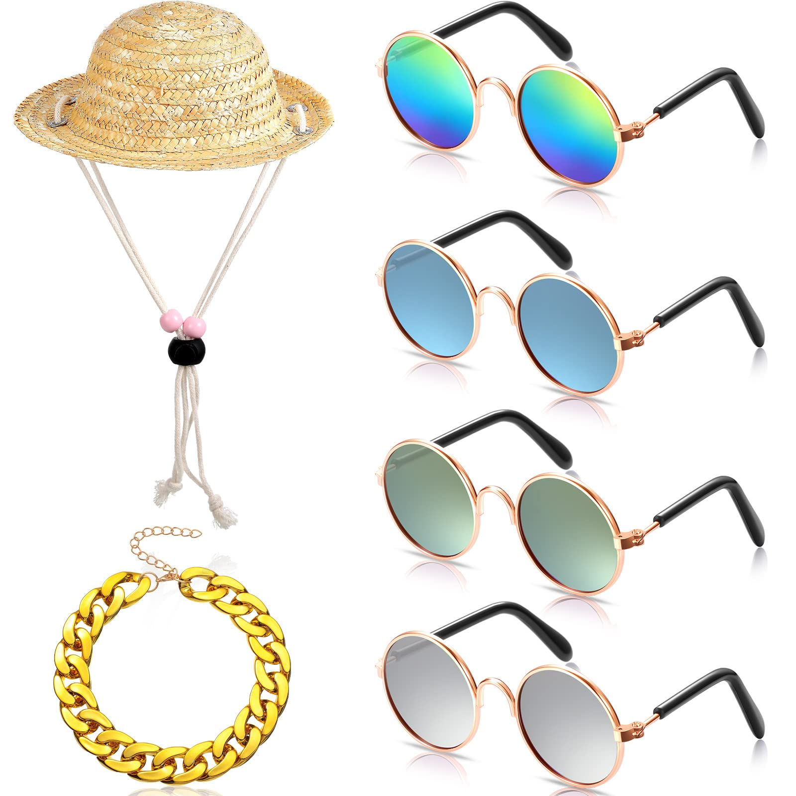 6 Pieces Pet Dog Cat Costume Pet Sunglasses and Summer Pet Straw Hat with Faux G
