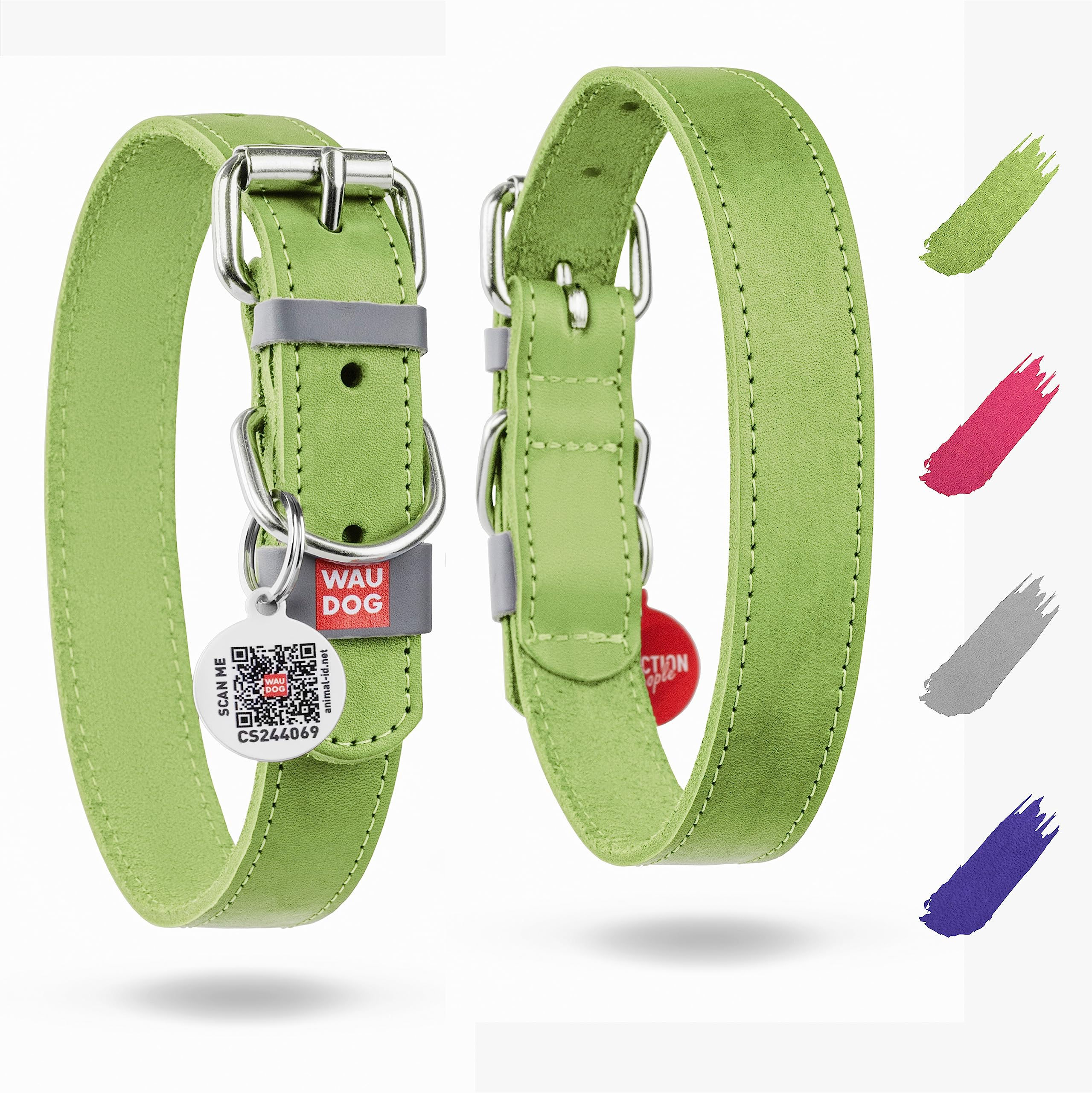 WAUDOG Genuine Leather Collar — Eco Green Smart ID for M/S Dogs