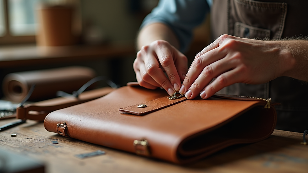 Eye-level view of artisan hand-stitching leather bag