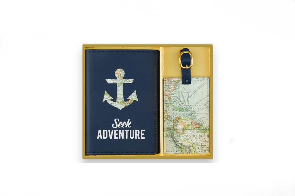 Travel Gift Set displayed in a travel setting, showcasing luxurious leather craftsmanship and functionality.