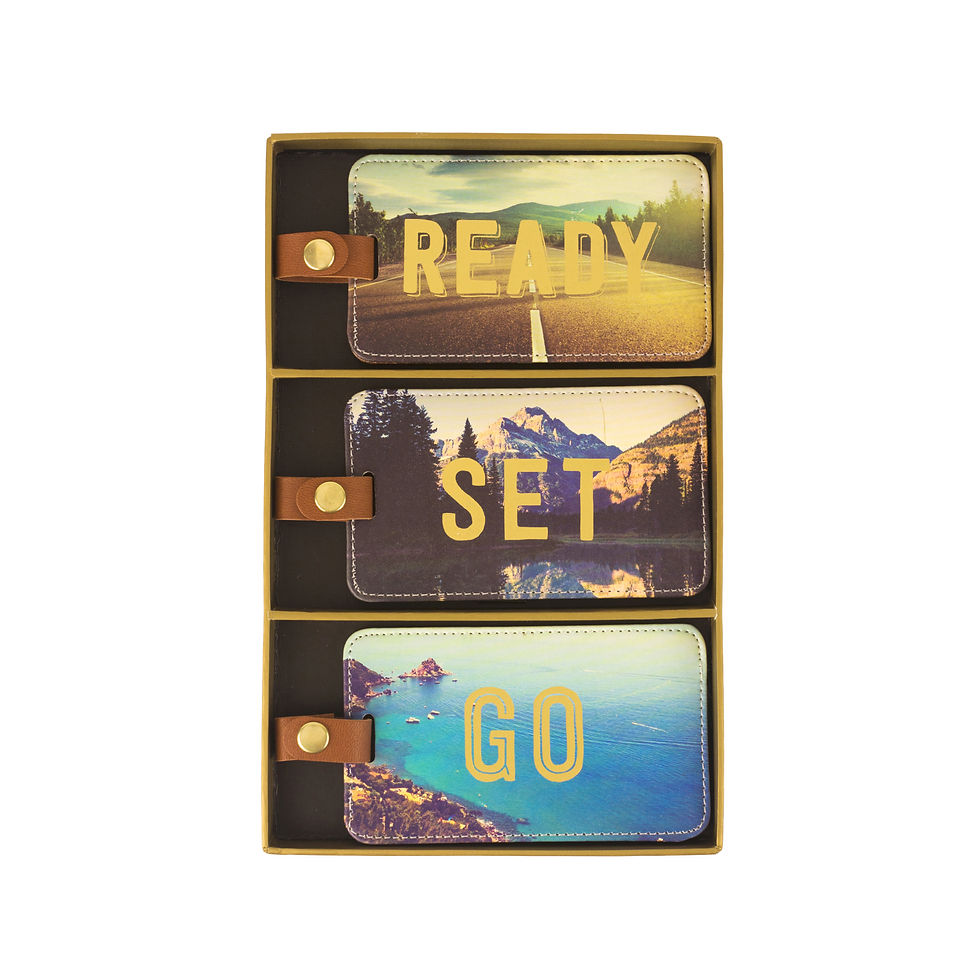 Luggage Tag Set attached to a suitcase, adding a stylish and functional touch to travel gear.