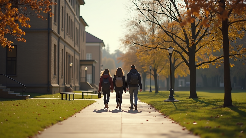 Eye-level view of a college campus with students walking and engaging in conversation