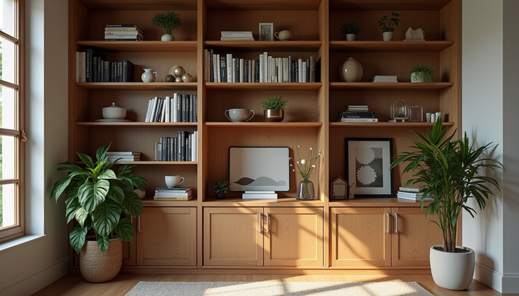 Eye-level view of a wooden bookcase styled with books, plants, and decorative objects