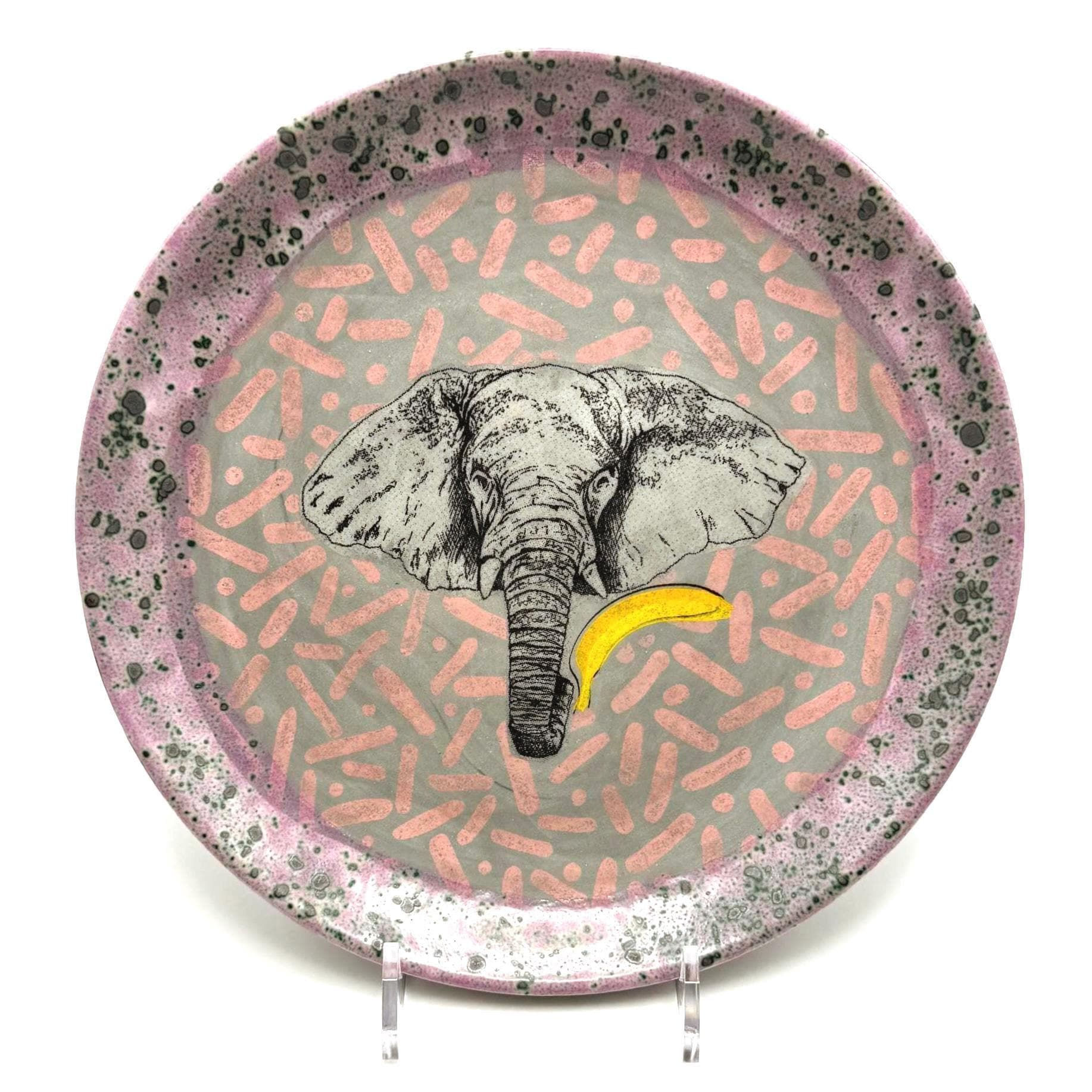 Pink Elephant Ceramic Plate, Banana Art Dish, Whimsical Animal Wall Decor, Ha...