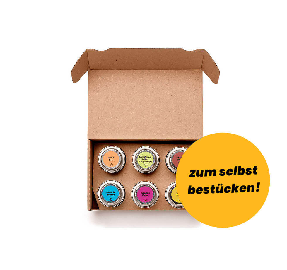 Miniaturbild: Offene STAY SPICED! Geschenkbox mit sechs leeren Gewürzplätzen – zum Selbstbestücken