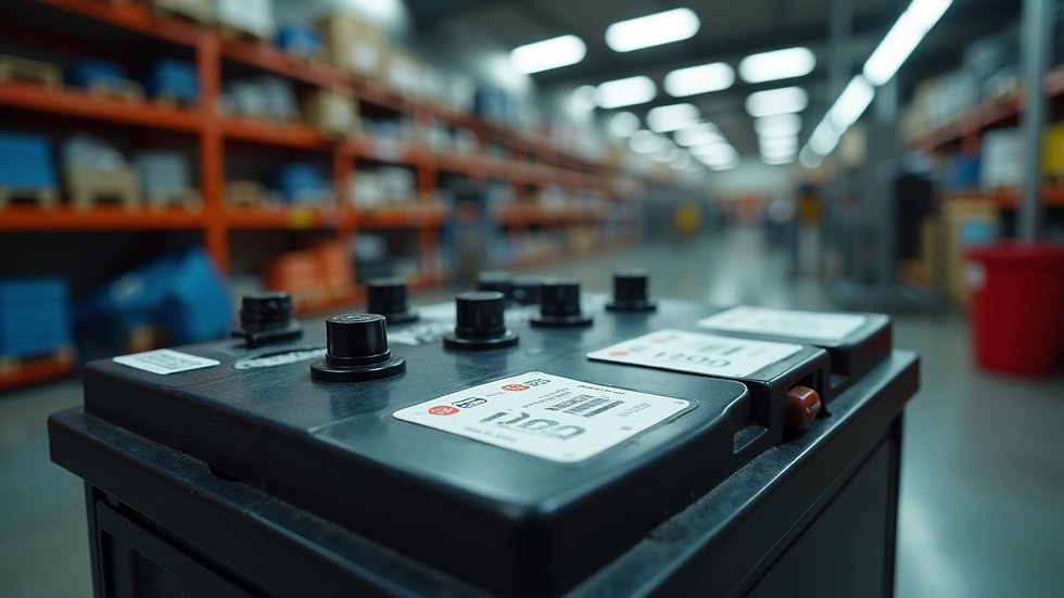 Eye-level view of a car battery with price tags in an auto parts store