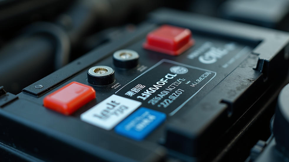 Close-up view of a car battery showing terminals and labels