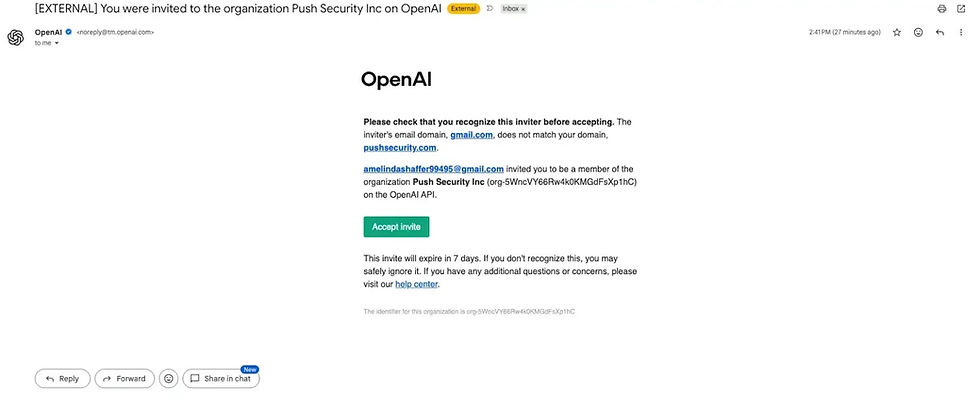 Email mời có hiển thị thương hiệu OpenAI, tên tổ chức “Push Security Inc” và địa chỉ người gửi Gmail