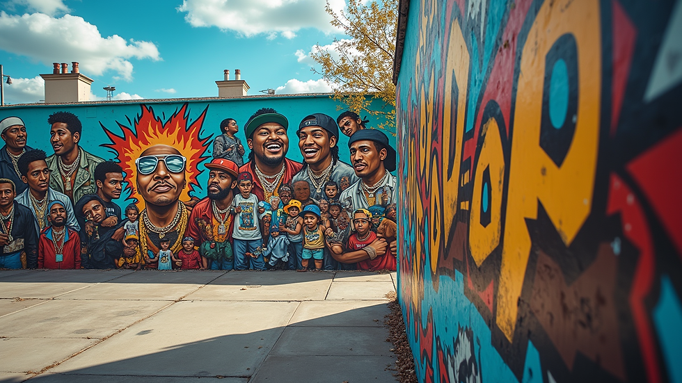 Eye-level view of a vibrant mural depicting hip-hop culture