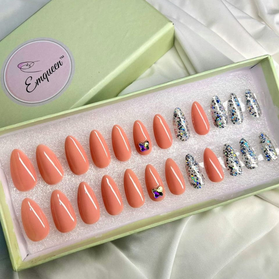 Peach tones with silver glitter magic Press on Nails Set