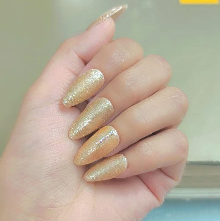 Emqueen Beige Gold Glitter Stone Press-On Nails