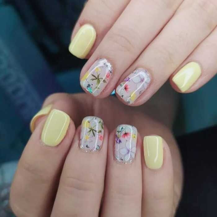 Emqueen Yellow Pearl White Floral Press-On Nails Set