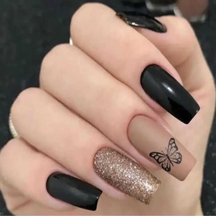 Emqueen Black Butterfly Salmon Rose Press-On Nails